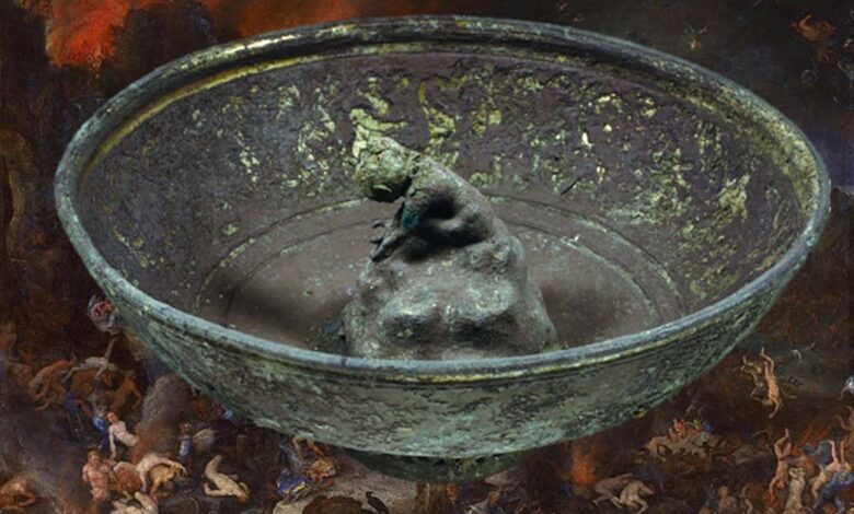 The Roman Tantalus Bowl, a Pythagorean Cup. (Journal of Roman Archaeology) Background: ‘Aeneas and a Sibyl in the Underworld’ by Jan Brueghel the Elder.