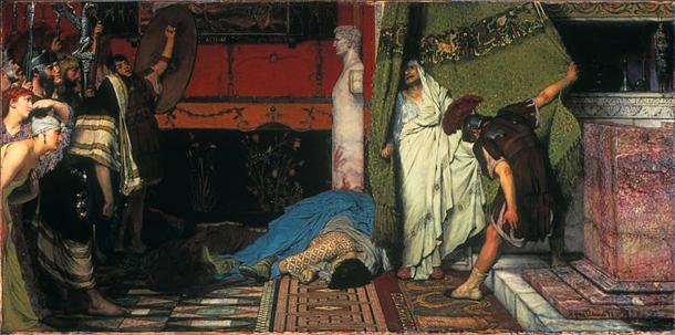 En 41 ap. J.-C., l'empereur romain Caligula, débauché, est assassiné. Gratus, membre du Prétorien, tire un rideau de côté pour révéler le terrifié Claude qui est salué comme empereur sur place. (Lawrence Alma Tadema / Domaine public). 